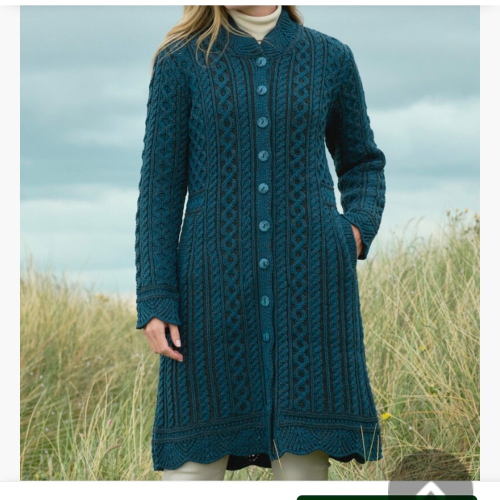 Aran Crafts Wool Sweater Coat Scalloped Bottom